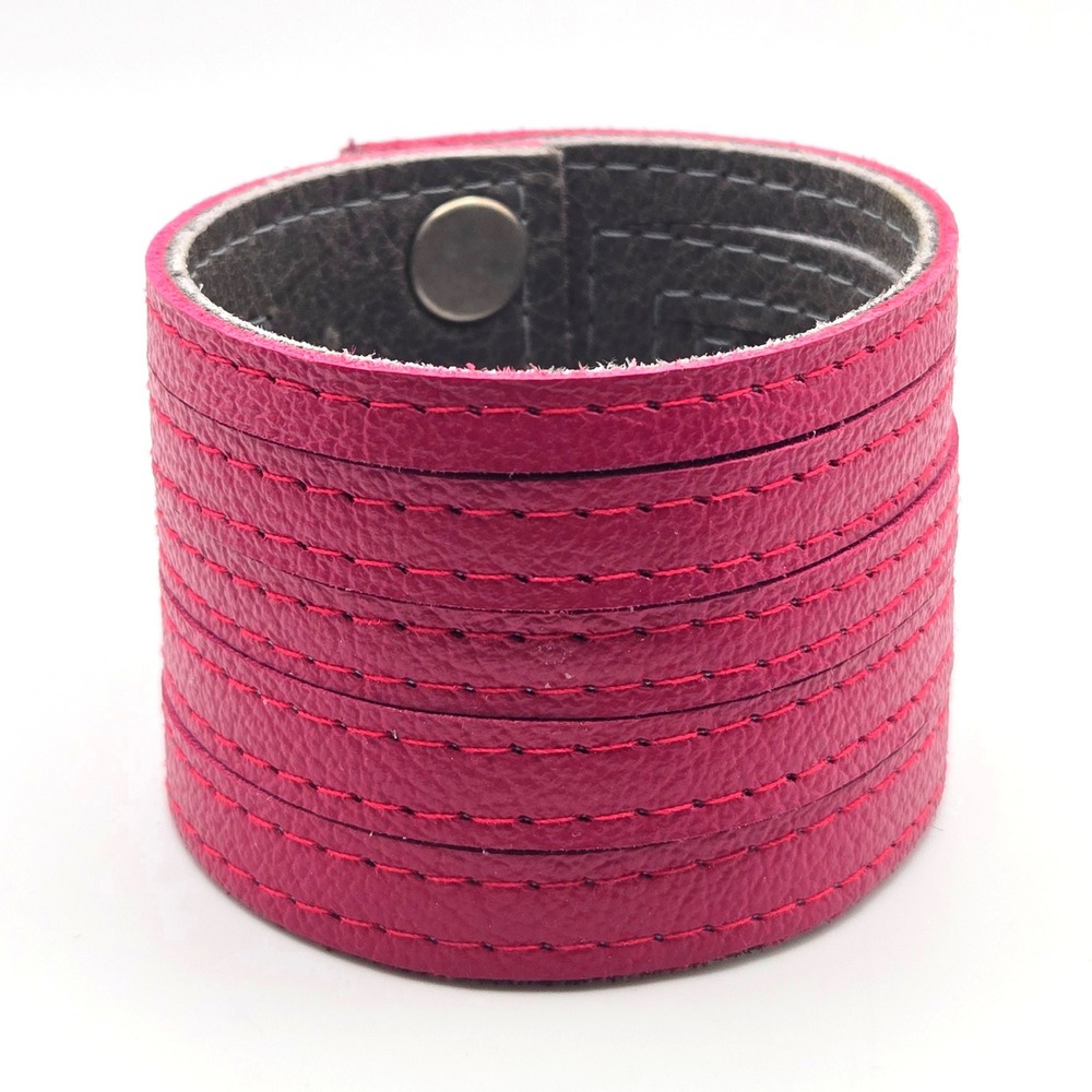 Magenta Pink Pebbled Leather Wide Cuff Bracelet Multi-Stitch Snap Closure 2 Inch